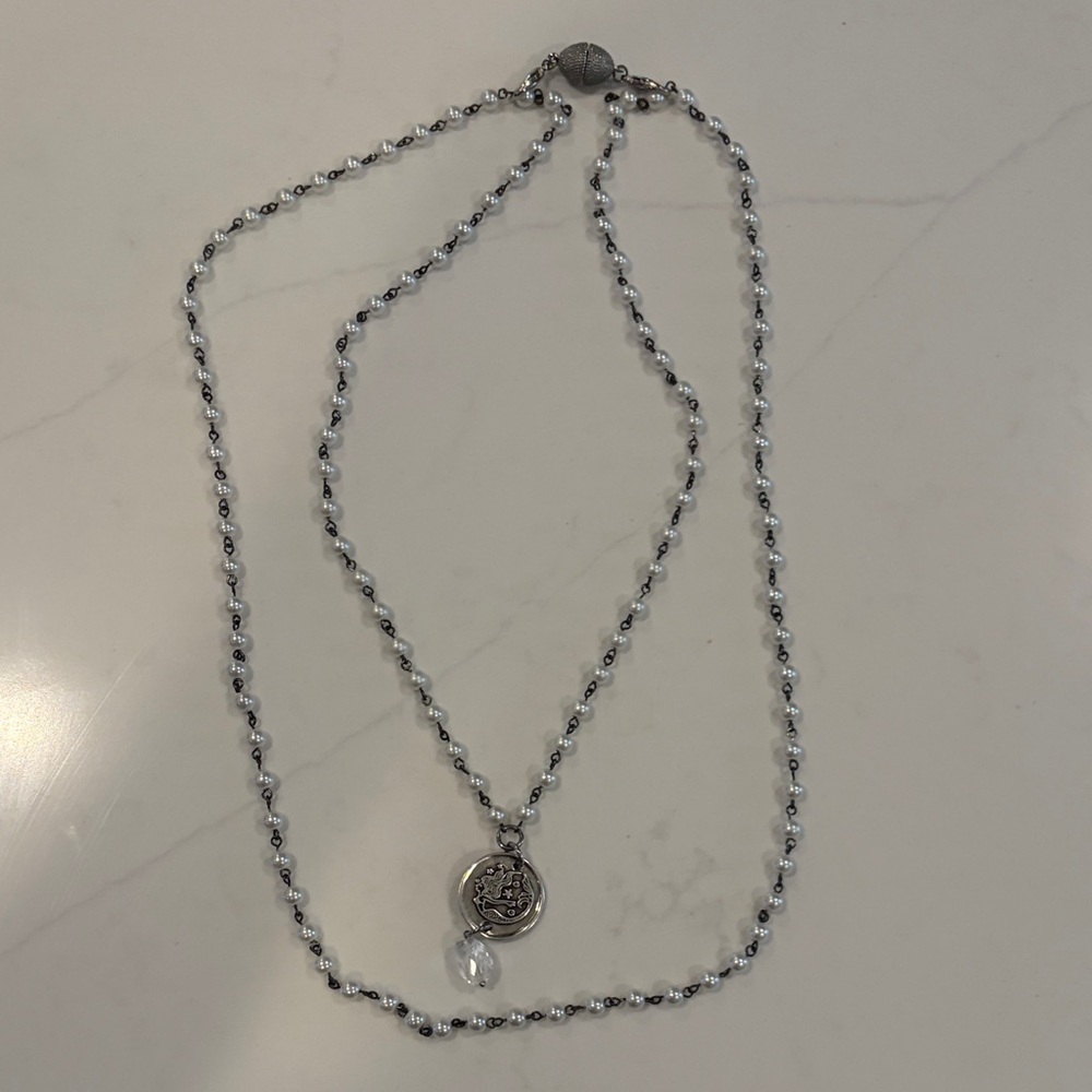 Silver Beaded Double-Layer Pendant Necklace with Charm